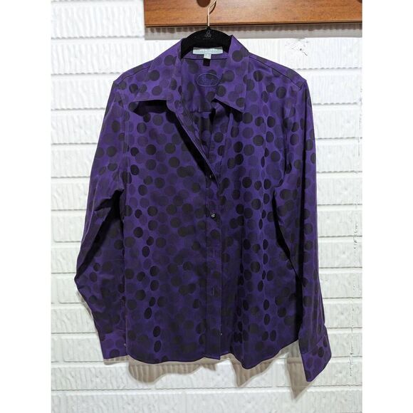 Foxcroft Women's 12 Purple Long Sleeve Button Front Blouse Black Abstract Polka - Picture 1 of 10